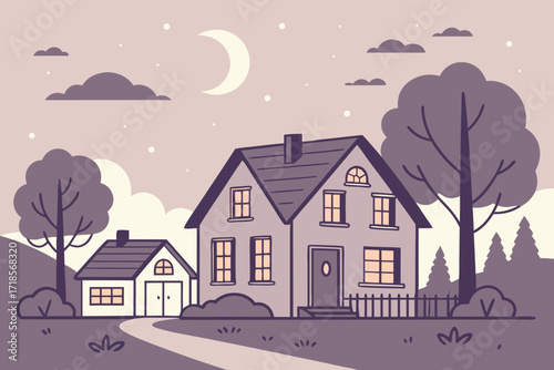 Charming house with outbuilding under a crescent moon, exuding peaceful residential living and cozy neighborhood vibes, perfect for illustrating homeownership dreams