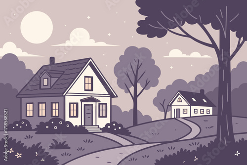 Dreamy suburban homes nestled among trees beneath a full moon and twinkling stars, evoking a sense of tranquility and peacefulness in a charming neighborhood