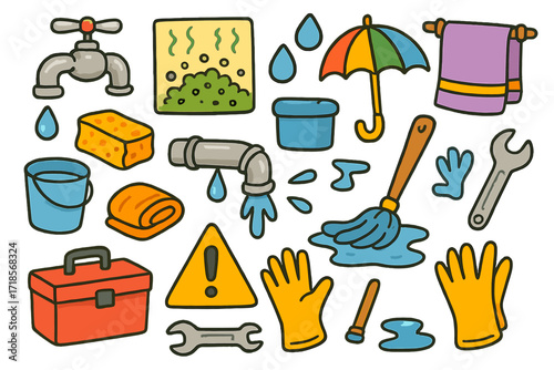 Water Damage Doodle. Water damage. Colorful Hand-drawn doodle Children illustration leaking faucet, puddle, moldy wall, broken pipe, sponge, bucket, raindrop,
