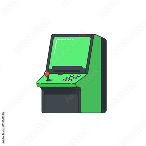 Green arcade machine with a joystick and multiple buttons, isolated on a white background.