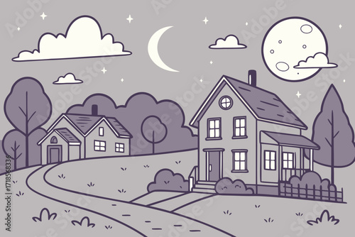 Charming nighttime neighborhood scene with houses, moon, stars, and winding road creating a peaceful, storybook vibe, perfect for children's illustrations