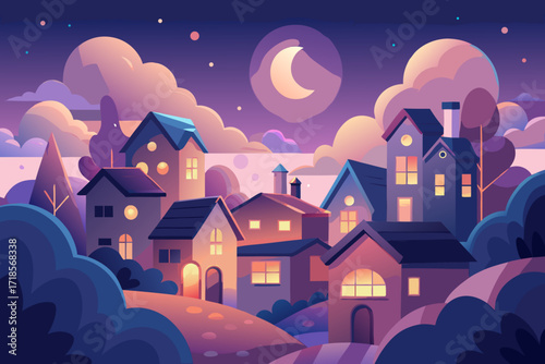 Dreamy cartoon village under crescent moon, evokes peaceful nights, ideal for children's books, story backgrounds, and whimsical designs, originally a vector