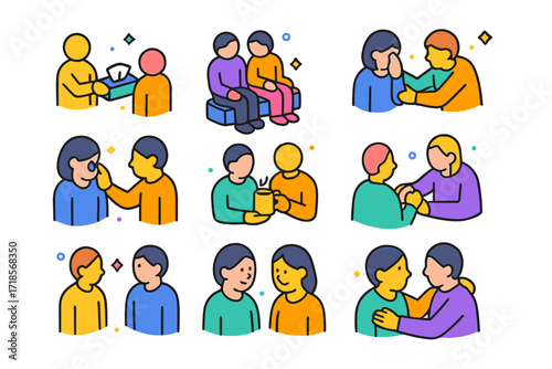 Supportive Icons Set. Colorful isometric vector icons set of quiet support moments: tissue handover, sitting together in silence, head on shoulder, back rub