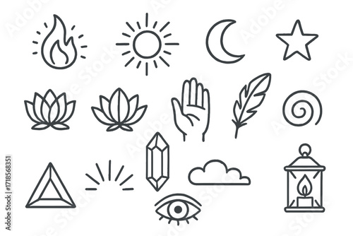 Mystical Symbols Collection. Hand-drawn doodle illustration ethereal glow flame, aura, sun, moon, star, lotus flower, hand, feather, spiral, crystal, triangle,