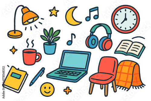 Relaxing Evening Workspace. Colorful Hand-drawn doodle Children illustration Relaxed evening workspace sounds [lamp, headphones, laptop, coffee mug, notebook,