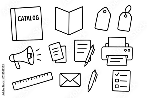 Marketing Doodle Elements. Marketing Materials. Hand-drawn doodle illustration catalog, flyer, brochure, poster, price tag, megaphone, paper sheets, printer,