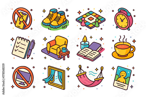 Tech-Free Icons Set. Colorful isometric vector icons set of tech-free self-care moments: unplugged phone icon, nature walk shoes, board game setup, analog