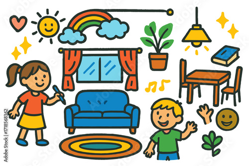 Colorful Kids' Home Doodle. Colorful Hand-drawn doodle Children illustration Creating a Home with Open-Plan Living Spaces sofa, dining table, chairs, window,