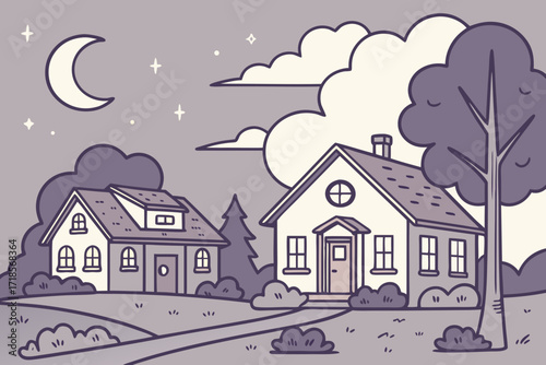 Whimsical house illustration under a crescent moon with cartoonish style, perfect for storybooks and creative designs with a charming neighborhood vibe