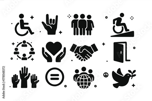 Inclusive Symbols Set. Inclusion. Solid icons set of wheelchair symbol, sign language hand, diverse people, accessible ramp, inclusive circle, support heart,
