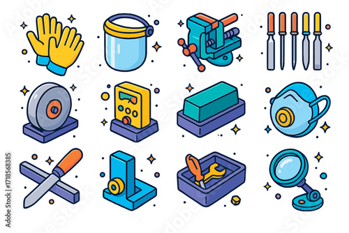 Safety Tools Icons. Colorful isometric vector icons set of safety and sharpening essentials: cut-resistant gloves, face shield, bench clamp, metal file kit,