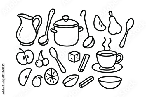 Traditional Fruit Compote Icons. Hand-drawn doodle illustration traditional compote pitcher, pot, ladle, spoon, apple slice, pear slice, cherry, plum, sugar