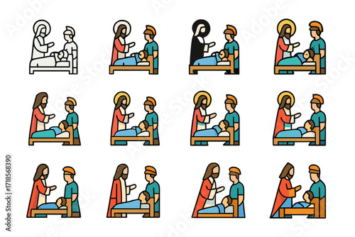 Jesus' Miracles Logos. Set Logo of Jesus' Miracles: Healing centurion's servant. Logo set in vector style, emblematic variations. line, bold thick line, solid