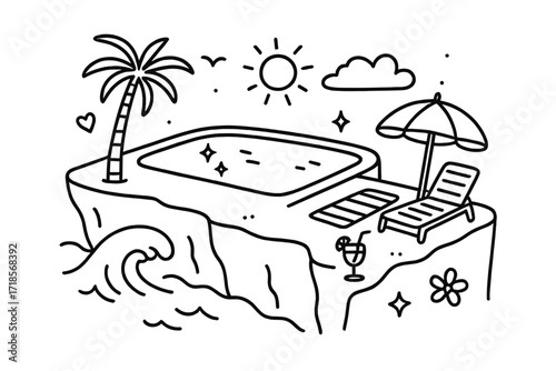 Cliffside Infinity Pool Doodle. Hand-drawn doodle illustration Cliffside infinity pool [infinity pool, cliff, wave, sun, cloud, bird, palm tree, lounge chair,