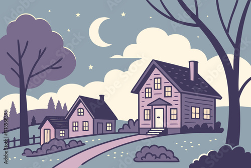 Charming twilight neighborhood scene evokes peaceful serenity, ideal for children's books, home decor, and creating a sense of cozy, inviting community living