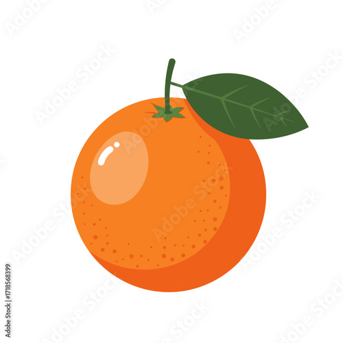 A vibrant illustration of a whole orange with a green leaf on a white background.