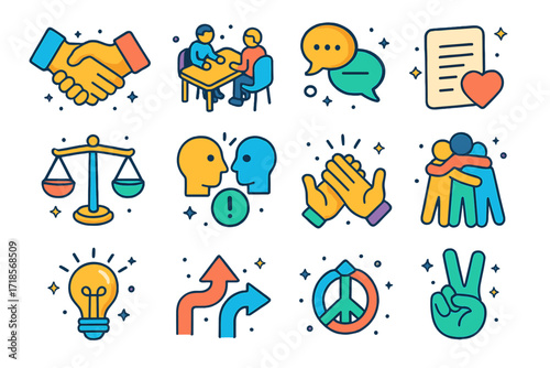 Conflict Resolution Icons. Colorful isometric vector icons set of conflict resolution and dialogue: handshake agreement, mediation table, speech bubble