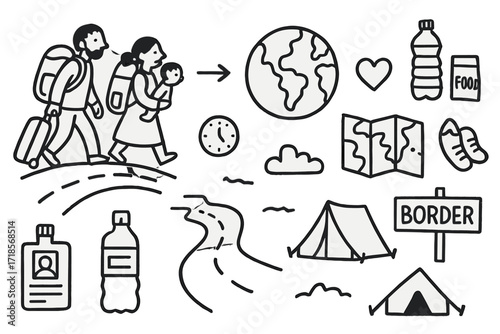 Journey of Hope. Hand-drawn doodle illustration [refugee migration] [walking family, suitcase, arrow, globe, map, camp tent, border sign, water bottle, food