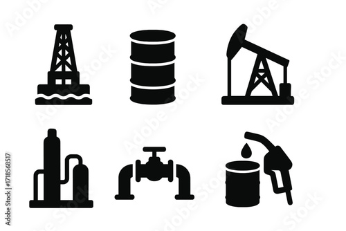 Oil Industry Icons. Solid, filled icon set of oil industry basics: oil rig, barrel, oil drop, pumpjack, refinery, pipeline, storage tank, fuel nozzle. Solid,