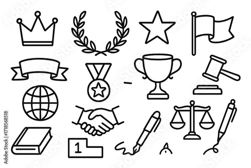 Leadership Symbols Icons. Hand-drawn doodle illustration leadership symbols crown, laurel wreath, star, medal, ribbon, trophy, globe, handshake, scales, gavel,