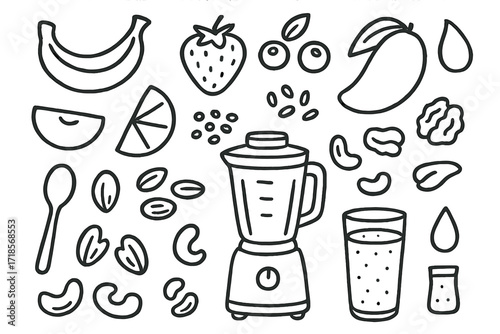 Fruit Smoothie Doodle. Hand-drawn doodle illustration smoothie ingredients banana, strawberry, blueberry, mango, apple slice, orange wedge, chia seeds, flax