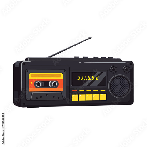 A retro black boombox with a colorful cassette tape inserted, featuring a digital display and radio antenna.