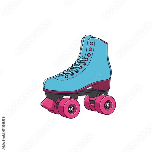 An illustration of a single retro roller skate featuring a light blue boot and bright pink wheels.