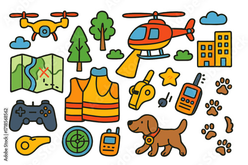 Aerial Rescue Doodle Scene. Colorful Hand-drawn doodle Children illustration Aerial Rescue drone, helicopter, search light, map, trees, buildings, vest,