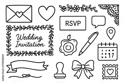 Wedding Invitation Icons. Hand-drawn doodle illustration Wedding Invitation envelope, card, heart, floral border, RSVP, pen, wax seal, calendar, stamp, ribbon,