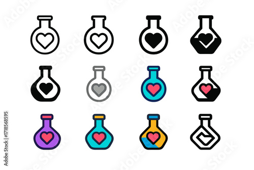 Love Potion Logos. Set Logo of Flasks: Flask with heart symbol (love potion). Logo set in vector style, emblematic variations. line, bold thick line, solid