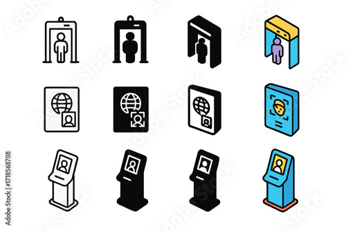 Travel Security Icons. Icon Set of Airport & Travel Security: Boarding gate scanner, Passport with face ID, Kiosk recognition. Icons set in vector style,