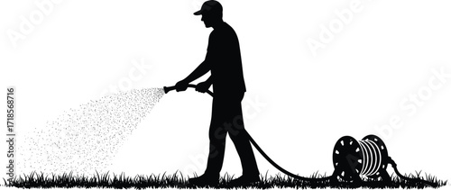 Silhouette of man watering lawn with garden hose, outdoor irrigation, grass care, gardening work, summer activity, landscaping maintenance illustration.Silhouette of man watering lawn with 