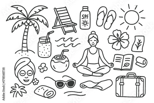 Tropical Wellness Retreat. Hand-drawn doodle illustration [Tropical wellness vacation] [palm tree, beach chair, sunscreen bottle, smoothie, coconut, waves, spa