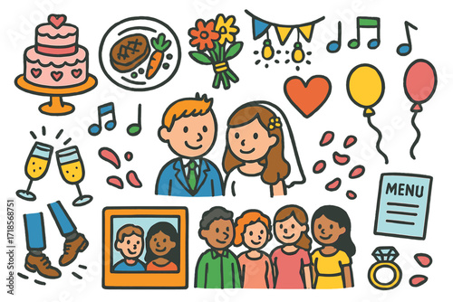 Whimsical Wedding Celebration. Colorful Hand-drawn doodle Children illustration Wedding reception cake, dinner plate, bouquet, lights, music notes, balloons,