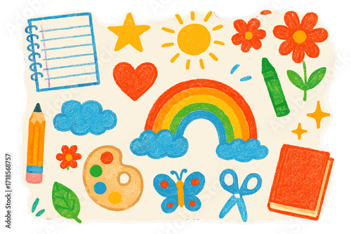 Colorful Children's Doodle Icons. Colorful Hand-drawn doodle Children illustration Textured Paper Art [notebook, pencil, crayon, palette, rainbow, star, sun,