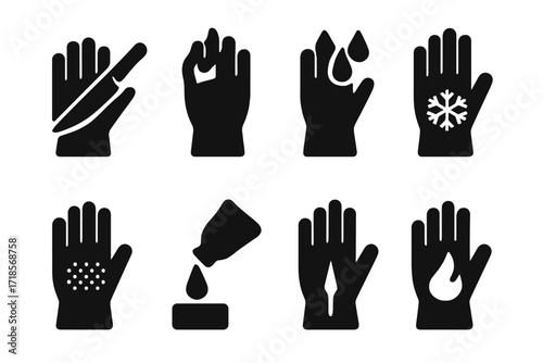 Safety Glove Icons. Solid, filled icon set of glove safety features: cut resistant, heat resistant, waterproof, insulated, anti-slip, chemical resistant,