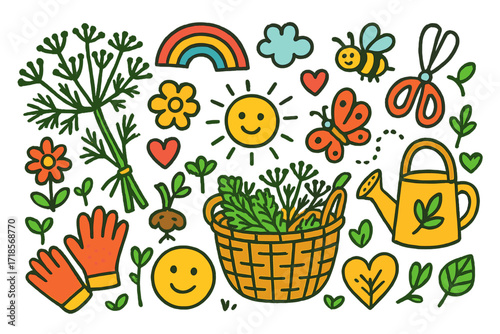 Dill Harvest Doodles. Colorful Hand-drawn doodle Children illustration Dill Harvest [dill bunch, basket, scissors, flower, sun, cloud, rainbow, bee, butterfly,