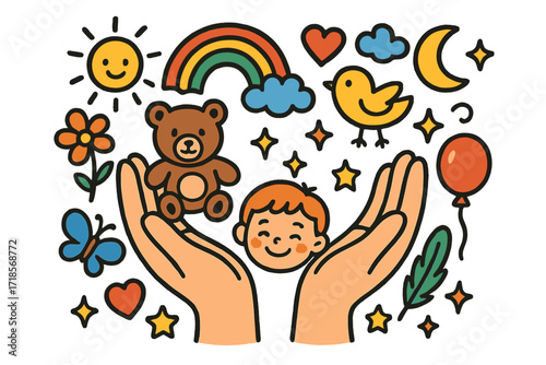 Doodle Comforting Hands. Colorful Hand-drawn doodle Children illustration Comforting Hands two hands, teddy bear, rainbow, flower, butterfly, bird, sun, cloud,