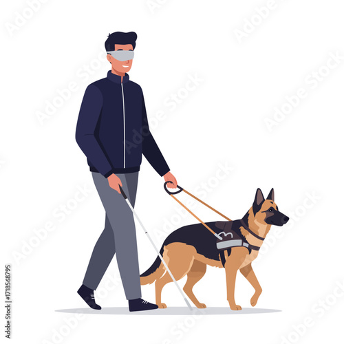 A visually impaired man wearing a blindfold walks with his German Shepherd guide dog, holding a white cane.