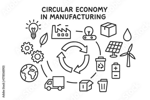 Circular Economy Illustration. Circular economy principles in manufacturing. Hand-drawn doodle illustration circular economy in manufacturing recycling arrows,