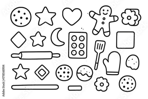 Cookie Doodle Icons. Hand-drawn doodle illustration Cookie shapes [round cookie, star cookie, heart cookie, flower cookie, gingerbread man, diamond cookie,