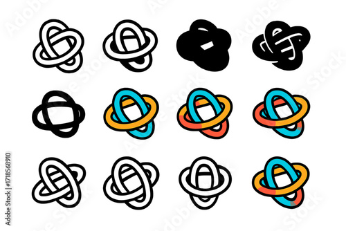 Tangle Logo Variations. Set Logo of Tangle: Tied Elastic Bands. Logo set in vector style, emblematic variations. line, bold thick line, solid black filled,