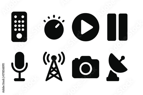Media Control Icons. Solid, filled icon set of media control tools: television remote, volume knob, play button, pause button, microphone, broadcast tower,