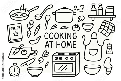 Cooking Essentials Doodle. Hand-drawn doodle illustration Cooking at Home frying pan, pot, stove, apron, recipe book, spoon, vegetables, steam, knife, timer,