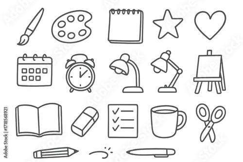 Artistic Tools Doodles. Hand-drawn doodle illustration Artistic discipline [paintbrush, palette, pencil, sketchbook, star, heart, calendar, clock, lamp, easel,