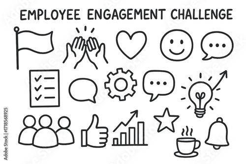 Employee Engagement Icons. Hand-drawn doodle illustration employee engagement challenge flag, high five, heart icon, smiling face, checklist, gear,