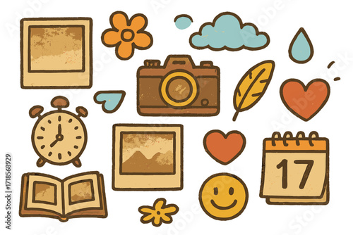 Vintage Doodle Collage. Colorful Hand-drawn doodle Children illustration Faded Photographs vintage photo, photo frame, sepia tone, old camera, flower, soft