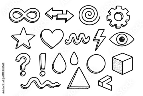 Abstract Doodle Icons. Hand-drawn doodle illustration Flat + 3D hybrid style abstract concepts [infinity symbol, arrows, spiral, gear, star, heart, wave,