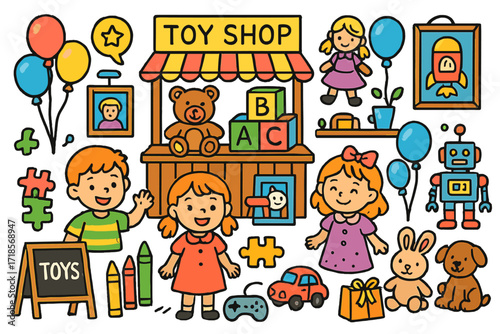 Colorful Pop-Up Toy Shop. Colorful Hand-drawn doodle Children illustration Pop-up toy shop teddy bear, toy blocks, puzzles, balloons, dolls, toy cars, stuffed