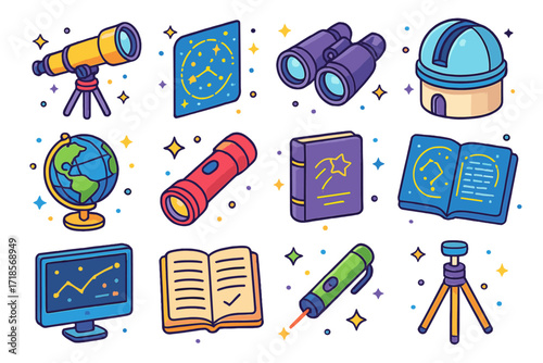 Colorful Astronomy Icons. Colorful isometric vector icons set of astronomy tools: telescope, star map, binoculars, observatory dome, celestial globe, red